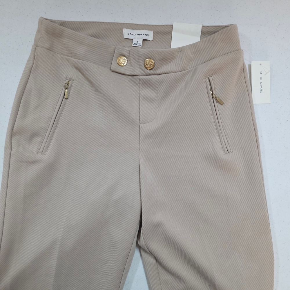 New Soho Apparel Tan Beige Textured Dress Pants Gold Crest Buttons Size S NWT